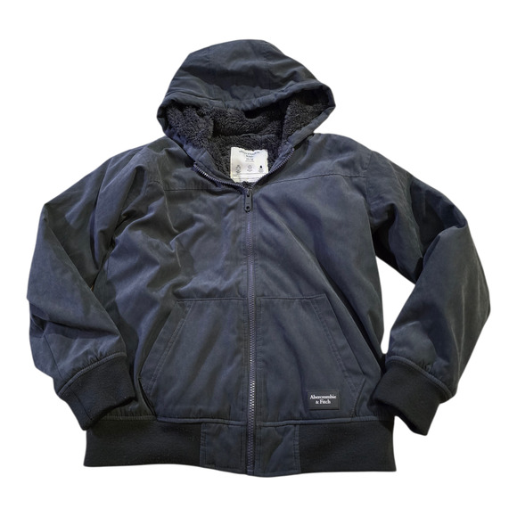 Abercrombie Kid Bomber Jacket Boy SZ 11 Hooded Dark Blue Cozy Aviator A&F Coat